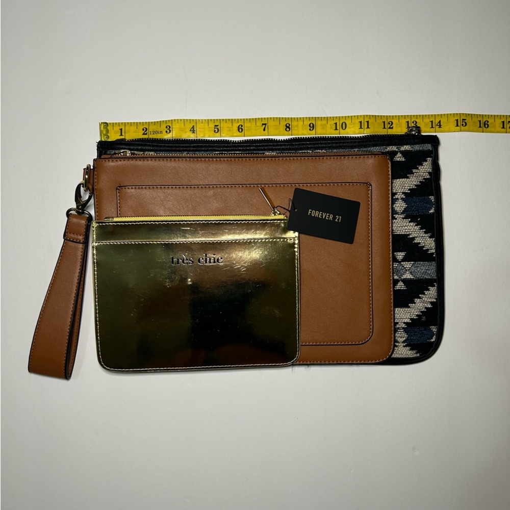 3 FOREVER 21 Zip Clutch Wristlet Wallets Geometric print, leather brown …